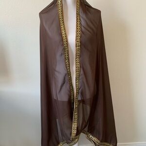 Brown Sheer Scarf with Gold Trim